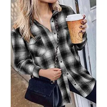 BTFBM Women Shacket Jacket Long Sleeve Button Down Casual Plaid Flannel Shirts Loose Fall Spring Blouses Tops(Plaid Black, X-Large)