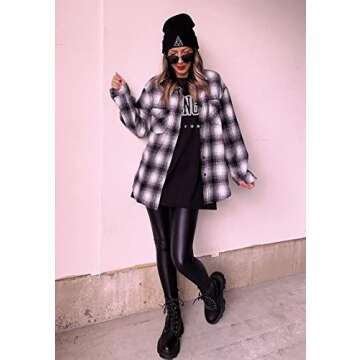 BTFBM Women Shacket Jacket Long Sleeve Button Down Casual Plaid Flannel Shirts Loose Fall Spring Blouses Tops(Plaid Black, X-Large)