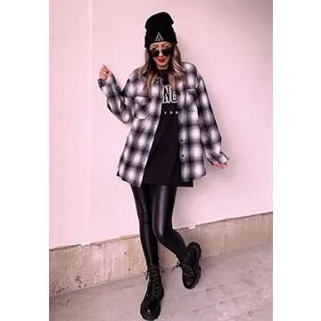 BTFBM Women Shacket Jacket Long Sleeve Button Down Casual Plaid Flannel Shirts Loose Fall Spring Blouses Tops(Plaid Black, X-Large)