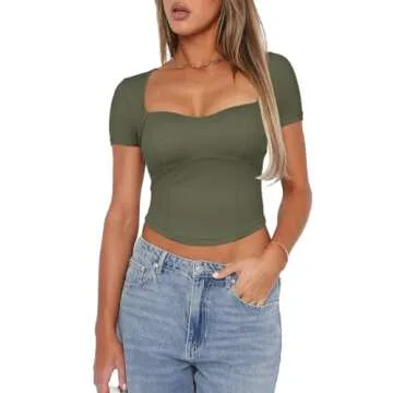 Darong Women's Summer Short Sleeve Sweetheart Square Neck Crop Top Slim Fit Sexy Tops Going Out Y2K T Shirt