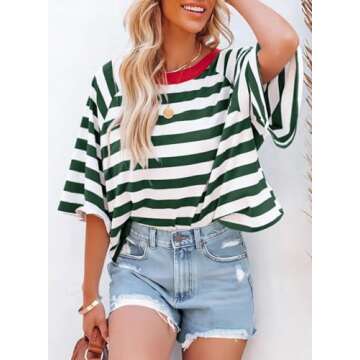 Dokotoo Summer Womens Tops for Women Cute Crop Tops 2025 Spring Striped Crew Neck Shirts Womens Blou...