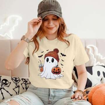 Halloween Shirts for Women Cute Ghost Shirt Fall Pumpkin Tshirt Coffee Lover Graphic Tees Casual Sho...