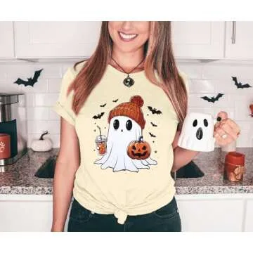 Halloween Shirts for Women Cute Ghost Shirt Fall Pumpkin Tshirt Coffee Lover Graphic Tees Casual Short Sleeve Tops