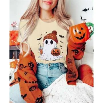 Halloween Shirts for Women Cute Ghost Shirt Fall Pumpkin Tshirt Coffee Lover Graphic Tees Casual Short Sleeve Tops