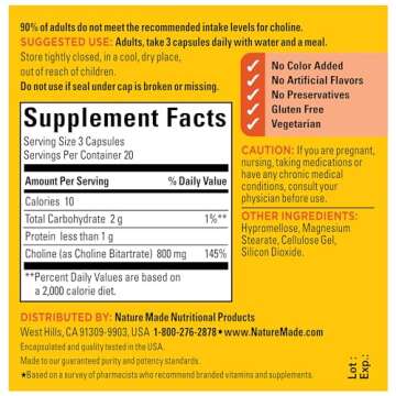 Nature Made Extra Strength Dosage Choline Supplements 800 Mg Per 3 Capsules, Brain Health, Mood, Muscle & Liver Support, Vegetarian, 60 Capsules, 20 Day Supply