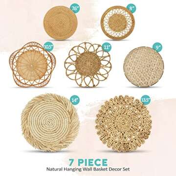 Boho Wall Basket Decor Set of 7 - Indoor & Outdoor Hanging Basket Wall Decor Set, Seagrass Wall Decor, Rattan Wall Decor, Large Woven Basket Wall Decor Set, Wicker Wall Decor Baskets, Woven Wall Decor