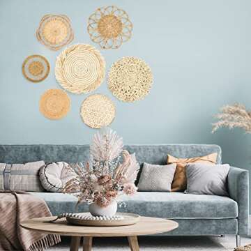 Boho Wall Basket Decor Set of 7 - Indoor & Outdoor Hanging Basket Wall Decor Set, Seagrass Wall Decor, Rattan Wall Decor, Large Woven Basket Wall Decor Set, Wicker Wall Decor Baskets, Woven Wall Decor