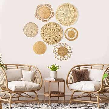 Boho Wall Basket Decor Set of 7 - Indoor & Outdoor Hanging Basket Wall Decor Set, Seagrass Wall Decor, Rattan Wall Decor, Large Woven Basket Wall Decor Set, Wicker Wall Decor Baskets, Woven Wall Decor