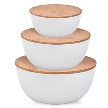 Panghuhu88 Salad Bowl with Lid, Set of 3 (7" + 8.8" + 11") Serving Bowl with Bamboo Cover, Bamboo Fiber Mixing Bowl for Salad Cereal Pasta Soup Fruit Popcorn Chips (White)