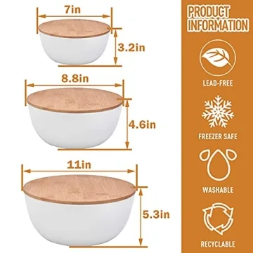 Panghuhu88 Salad Bowl with Lid, Set of 3 (7" + 8.8" + 11") Serving Bowl with Bamboo Cover, Bamboo Fiber Mixing Bowl for Salad Cereal Pasta Soup Fruit Popcorn Chips (White)