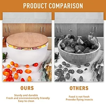 Panghuhu88 Salad Bowl with Lid, Set of 3 (7" + 8.8" + 11") Serving Bowl with Bamboo Cover, Bamboo Fiber Mixing Bowl for Salad Cereal Pasta Soup Fruit Popcorn Chips (White)