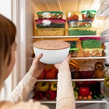 Panghuhu88 Salad Bowl with Lid, Set of 3 (7" + 8.8" + 11") Serving Bowl with Bamboo Cover, Bamboo Fiber Mixing Bowl for Salad Cereal Pasta Soup Fruit Popcorn Chips (White)