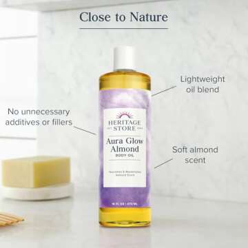 HERITAGE STORE Aura Glow Almond Body Oil with Sweet Almond Oil, Luxurious Skin Moisturizer, Massage Oil, Bath Oil, Carrier Oil for Essential Oils, Almond Scent, All Skin Types, 60-Day Guarantee, 16oz