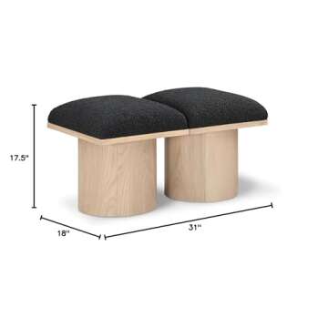 Meridian Furniture 465Black-2B Pavilion Collection Art Deco Bench with Rich Black Boucle Fabric and Natural Finished Oak Veneer, 31" W x 18" D x 17.5" H, Black