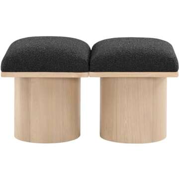 Meridian Furniture 465Black-2B Pavilion Collection Art Deco Bench with Rich Black Boucle Fabric and Natural Finished Oak Veneer, 31" W x 18" D x 17.5" H, Black