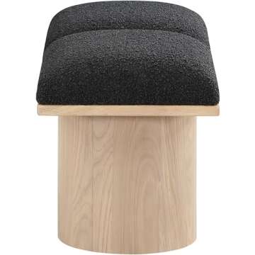 Meridian Furniture 465Black-2B Pavilion Collection Art Deco Bench with Rich Black Boucle Fabric and Natural Finished Oak Veneer, 31" W x 18" D x 17.5" H, Black