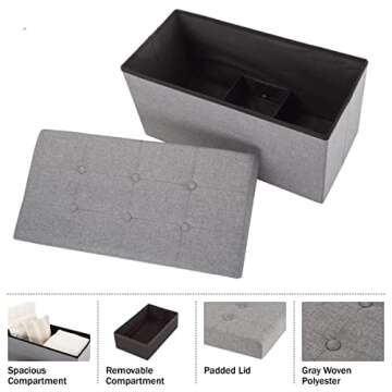 Folding Storage Ottoman - 30-Inch Tufted Footrest, Linen Chest, or Bench with Removable Bin for Living Room, Bedroom, or Dorm by Lavish Home (Gray)