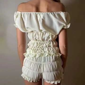 Mxiqqpltky 2 Piece Skirt Sets for Women Ruffle Short Sleeve Tie Up Crop Top & Elastic Waist Pleated Mini Skirt Set Y2K Outfit (Pant Beige, L)