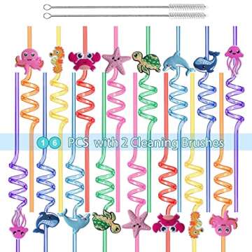 Reusable Sea Animal Straws for Sea Party Favors, 16 PCS Plastic Ocean Creature Drinking Straws Silly Swirly Straws for Kids Party Decorations Beach Ocean Themed Party Supplies with 2 Clean Brushes