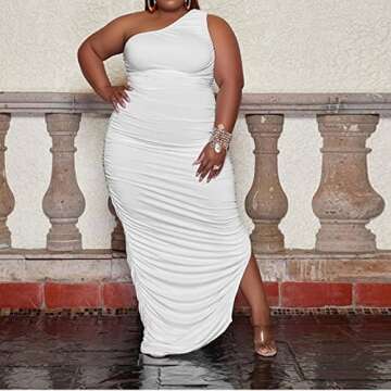 Womens Sexy Plus Size Maxi Dress One Off Shoulder Dress Sleeveless Ruched Evening Pencil Party Dresss White 5X