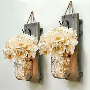HABOM Rustic Mason Jar Wall Decor Sconces - Decorative Home Lighted Country House Hanging with LED F...