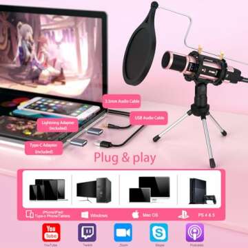 Studio Microphone, ZealSound Condenser Recording & Broadcasting Microphone With Stand Built-in Sound Card Echo Recording Karaoke Singing for Phone PC Garageband Smule Live Stream & YouTube (Rose Gold)