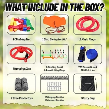 Ninja Warrior Obstacle Course for Kids - 52ft Slackline & 11 Obstacles