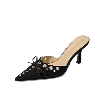 olomisa Kitten Heels for Women, Pointed Toe Heels Studded Bow Heeled Mules, Faux Suede Slip-On Sanda...