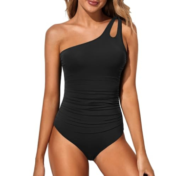 Holipick One Shoulder Black One Piece Swimsuit for Women