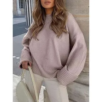 ANRABESS Women's Oversized Crewneck Long Sleeve Fuzzy Knit Casual Chunky Warm 2024 Fall Pullover Sweaters Top Trendy Outfits Gray Purple X-Large