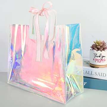 Whaline 5Pcs Large Holographic Gift Bags 12.8 x 11.6 x 5.7 Inch Iridescent Clear Reusable Tote PVC G...