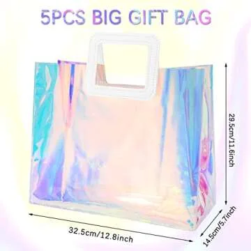 Whaline 5Pcs Large Holographic Gift Bags 12.8 x 11.6 x 5.7 Inch Iridescent Clear Reusable Tote PVC Gift Wrap Handbags Waterproof Shopping Bags for Wedding Birthday Baby Shower Party Supplies