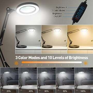 KMDES Magnifying Glass with Light and Stand, 10X Real Glass LED Magnifying Lamp, 3 Color Modes 10 Le...