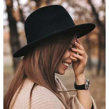 Lanzom Women Wide Brim Warm Wool Fedora Hat Retro Style Belt Panama Hat (Camel, One Size)