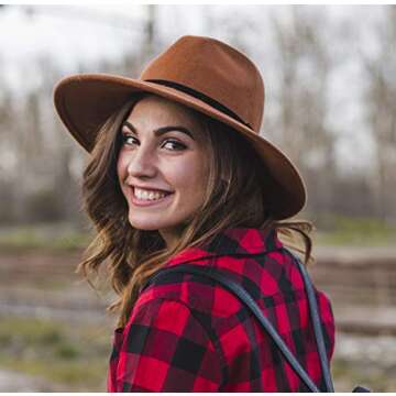 Lanzom Women Wide Brim Warm Wool Fedora Hat Retro Style Belt Panama Hat (Camel, One Size)