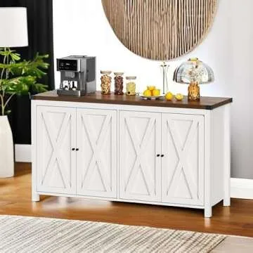 YITAHOME Farmhouse Sideboard Buffet Cabinet with Storage with 4 Doors, 55'' Large Kitchen Storage Cabinet, Coffee Bar Cabinet with Adjustable Shelf for Kitchen, Living Room, White