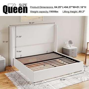 Jocisland Queen Size Bed Frame Lift Up Storage Bed Linen Upholstered Bed Frame with Hydraulic Storag...