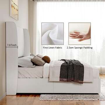 Jocisland Queen Size Bed Frame Lift Up Storage Bed Linen Upholstered Bed Frame with Hydraulic Storage/Wingback Headboard/No Box Spring Needed/White