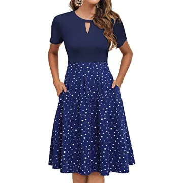 YATHON Women's Vintage Floral Flared A-Line Swing Casual Party Dresses with Pockets(YT018-Navy Dot,S...