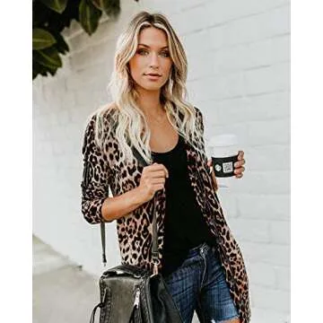 MYIFU Women's Leopard Print Sweater Cardigan Button Down Open Front Lightweight Shirt Outerwear with Pockets (Leopard, Small)