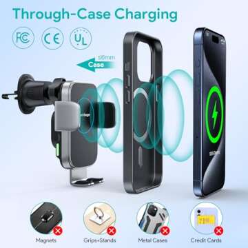Wireless Car Charger, 15W Auto-Clamping Charger Mount, Air Vent Car Charging Holder for iPhone 15 14 13 12 11 Pro Max Plus Mini X Xr Xs, Samsung S23 S22 S21 S20 Note 20, Google, LG, etc