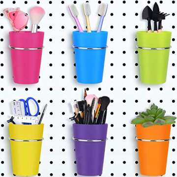 6 Set Pegboard Bins with Rings, Pegboard Accessories Cups Holder Pegboard Organizer Baskets Pegboard Hooks Kit for Art and Craft Supplies Storage (Blue, Yellow, Green, Rose Red, Orange, Purple)