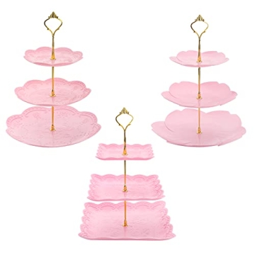 Tosnail 3 Pack 3 Tiers Plastic Cupcake Stand Dessert Stand Tiered Serving Trays with Gold Rod Candy ...