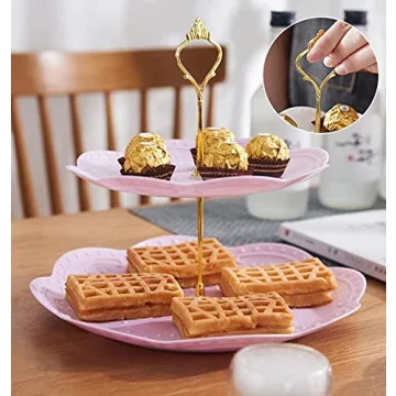 Tosnail 3 Pack 3 Tiers Plastic Cupcake Stand Dessert Stand Tiered Serving Trays with Gold Rod Candy Pastry Holders for Baby Shower, Wedding and Party - Pink