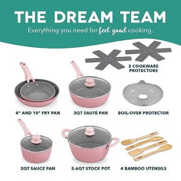 DASH Dream Green 15-Piece Nonstick Cookware Set Pink