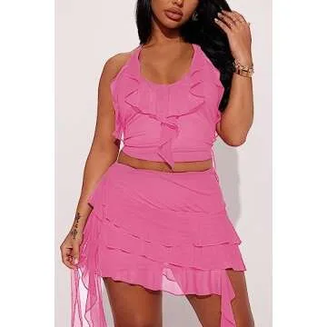 Stylish 2 Piece Skirt Sets for Women | Sexy Mesh Ruffle Outfit
