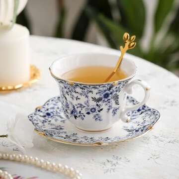 TATSUMI Country Roses 3 Peices Bone China Tea Cup And Saucer Set, English Vintage Tea Cups For Women And Tea Party Sets