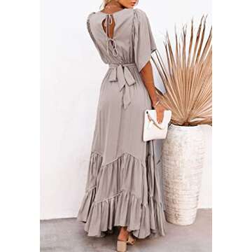 Meenew Women's Casual Long Summer Dress Plunge V Neck Ruffle Maxi Beach Dress L Light Pink