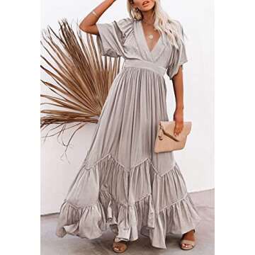 Meenew Women's Casual Long Summer Dress Plunge V Neck Ruffle Maxi Beach Dress L Light Pink