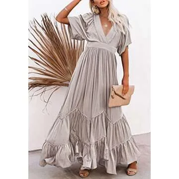 Meenew Women's Casual Long Summer Dress Plunge V Neck Ruffle Maxi Beach Dress L Light Pink